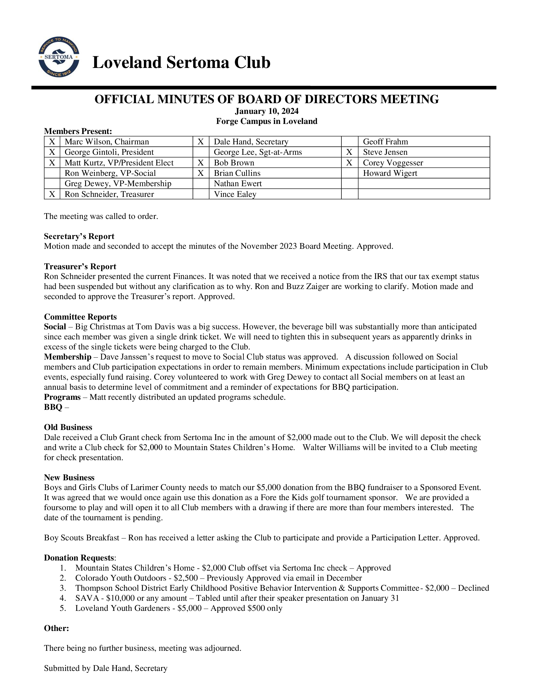 Board Meeting Minutes for January 2024 Loveland Sertoma